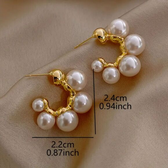 “Antonia” Modern Classic Gold and Pearl C Hoop Earrings - Picture 2 of 2